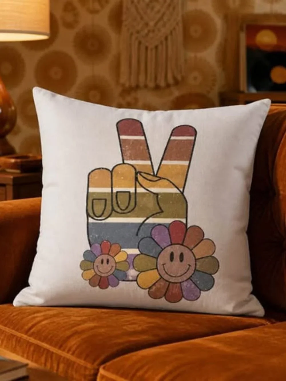 Retro Peace Sign Floral Throw Pillow Cover